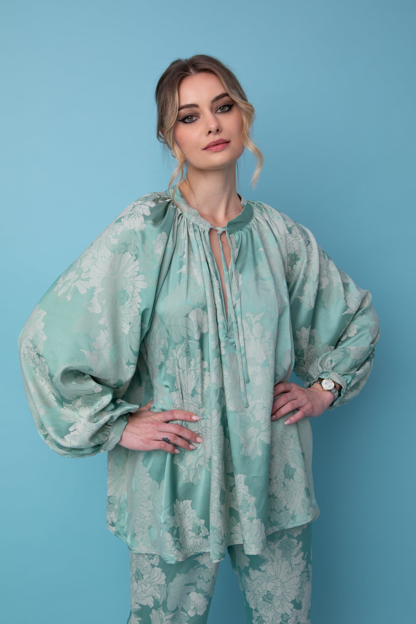 CYNTHIA MINT SATIN BLOUSE