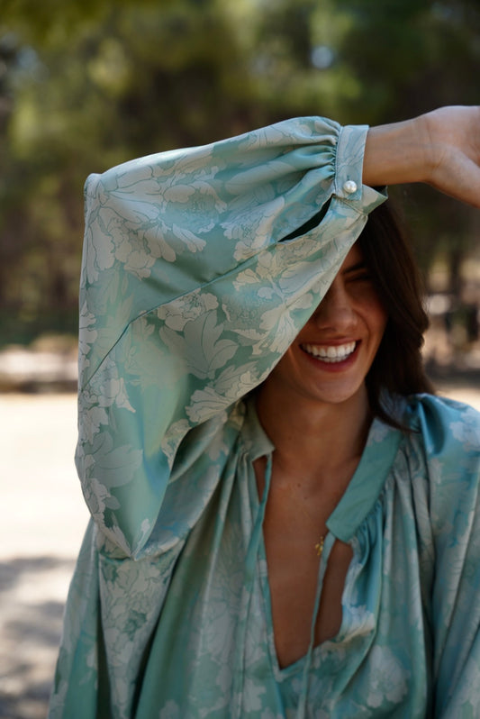 CYNTHIA MINT SATIN BLOUSE